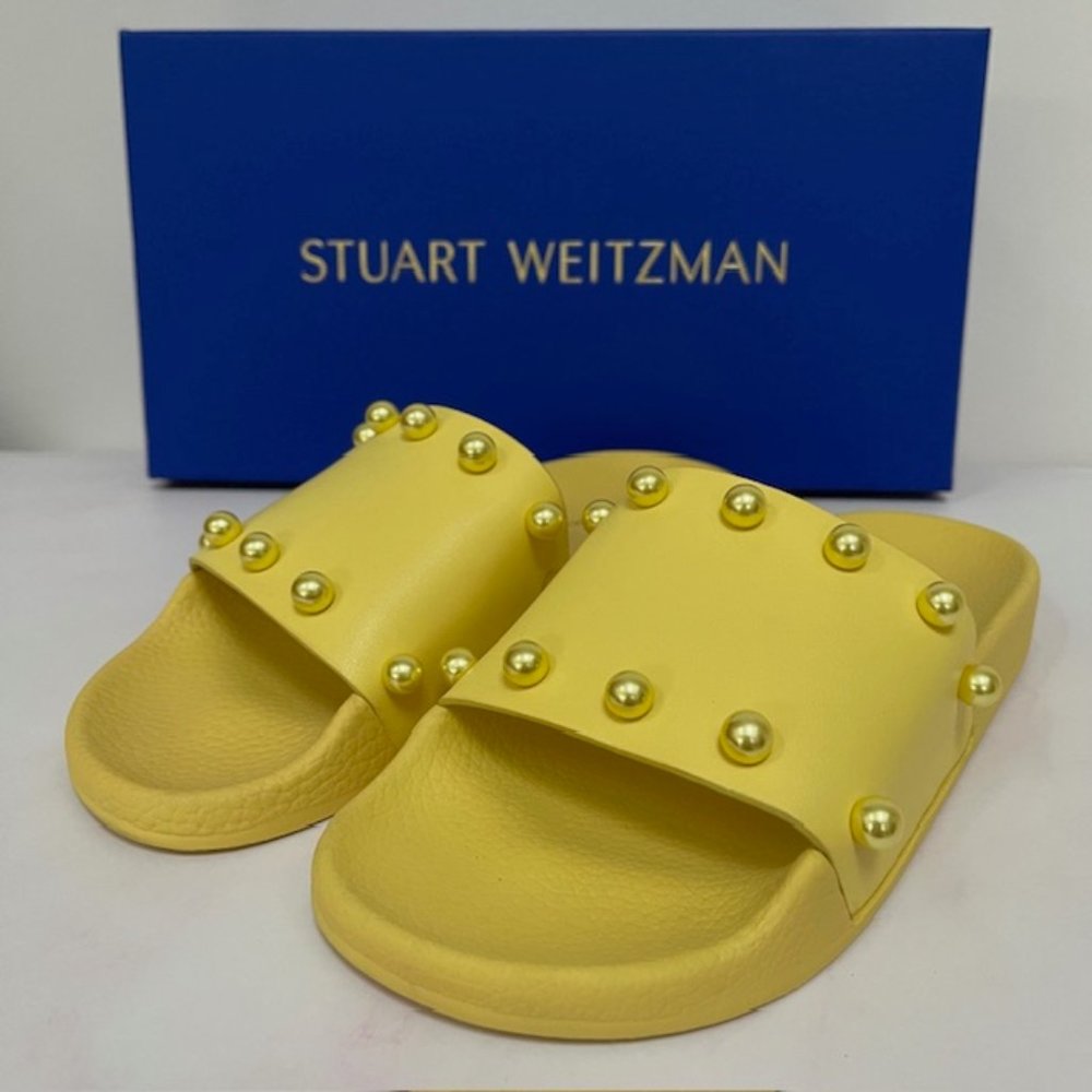 Stuart Weitzman Superstud Beaded Pool Slide Sandals in Lemon Color Size 5B NEW